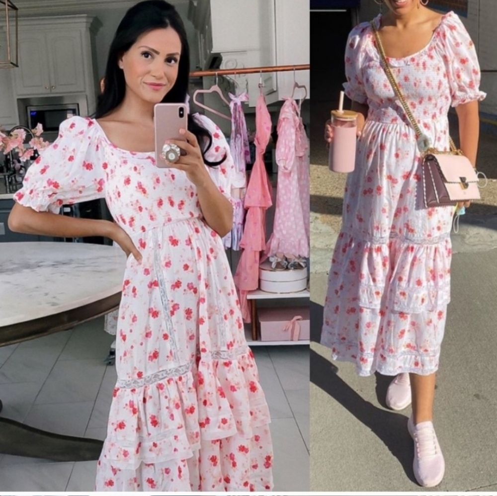 LoveShackFancy Cosette Smocked Midi Dress White/Pink Size XS